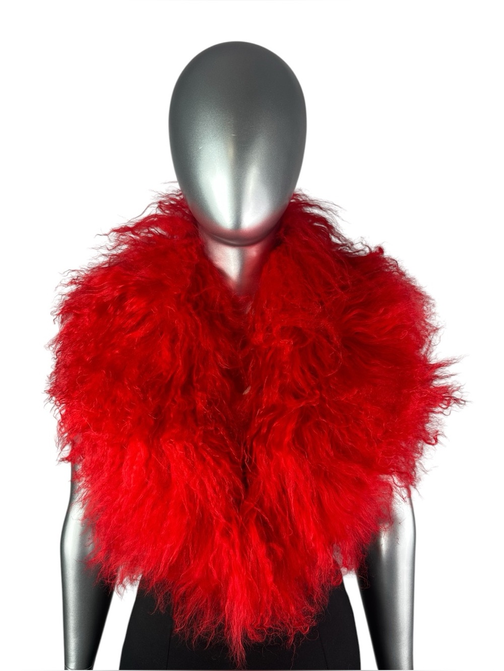 RED MONGOLIAN LAMB Shawl Collar, 42” L, Certified Vintage Fur